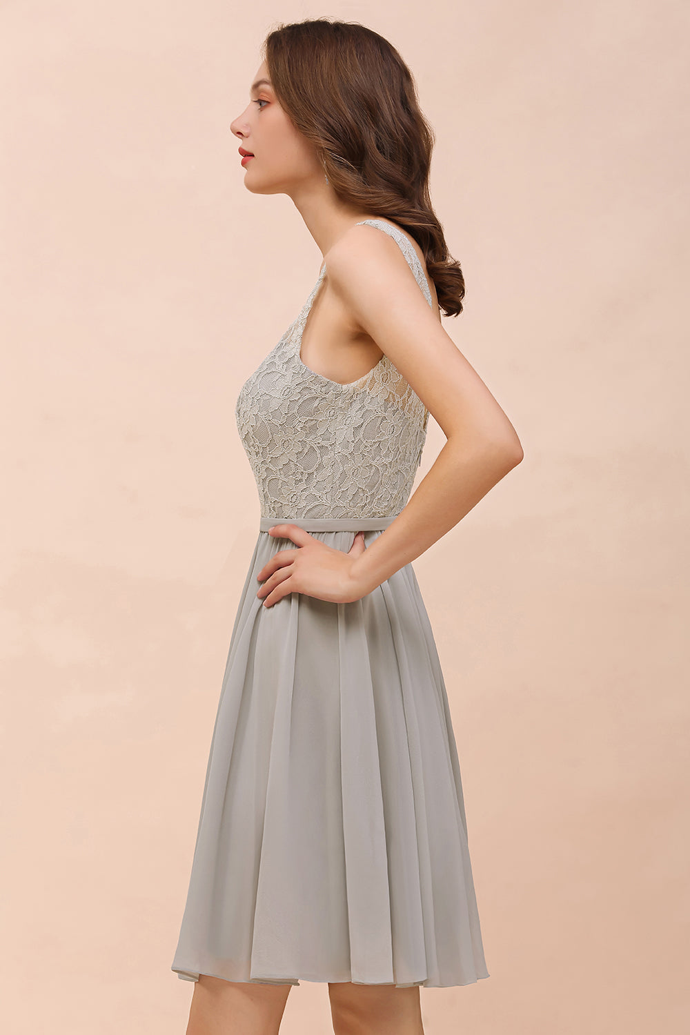 Affordable Lace V-Neck Silver Chiffon Short Bridesmaid Dress Online-27dress
