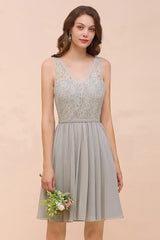 Affordable Lace V-Neck Silver Chiffon Short Bridesmaid Dress Online-27dress
