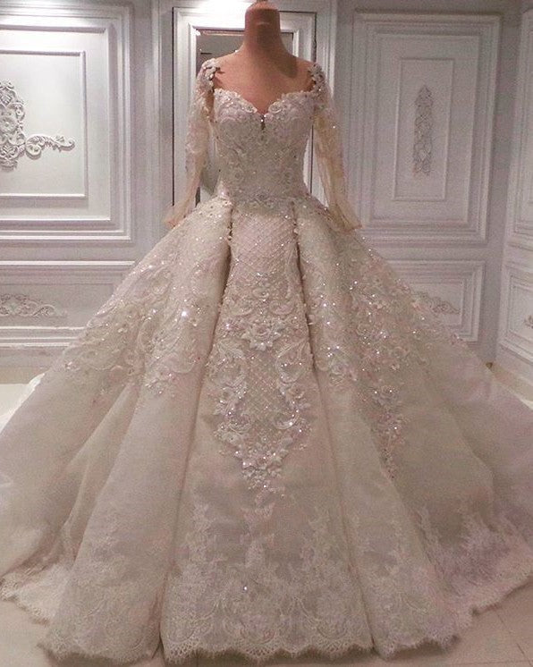 Affordable Longsleeves Ivory Lace Wedding Dresses With Appliques A-line Ruffles Bridal Gowns On Sale-27dress