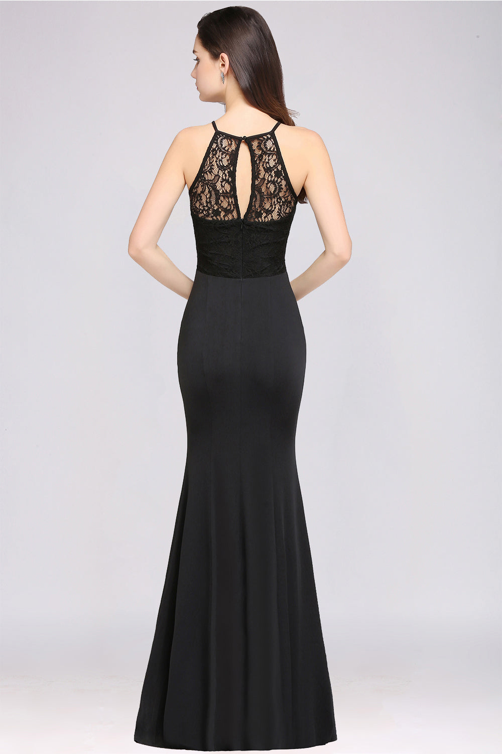 Affordable Mermaid Keyhole Black Lace Bridesmaid Dress Online-27dress
