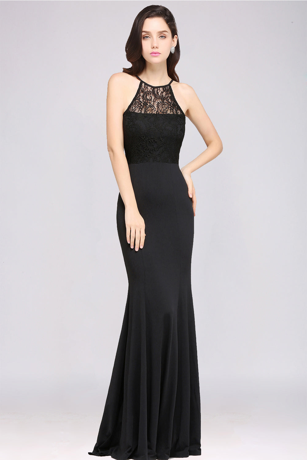 Affordable Mermaid Keyhole Black Lace Bridesmaid Dress Online-27dress