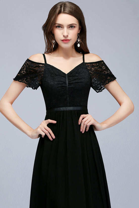 Load image into Gallery viewer, Affordable Off-the-shoulder Black Lace Bridesmaid Dress Online-27dress
