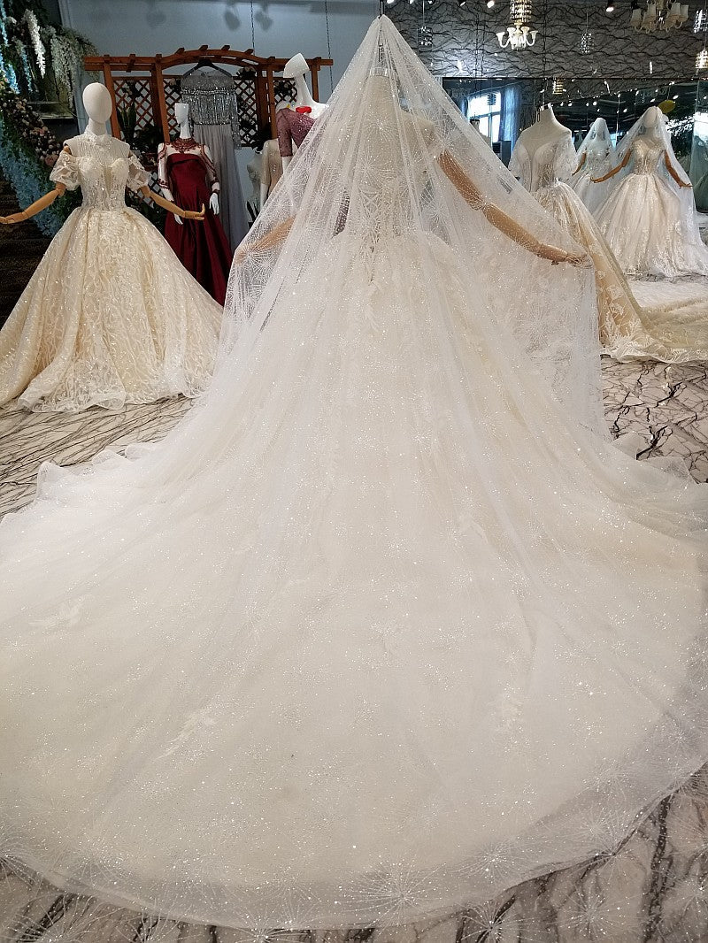 Affordable Off-the-shoulder Jewel Lace Wedding Dresses With Appliques White A-line Ruffles Bridal Gowns On Sale-27dress