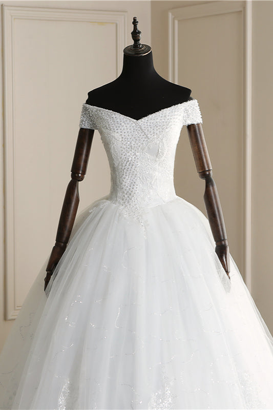 Affordable Off-the Shoulder Sweetheart Tulle Wedding Dress Appliques Sleeveless Bridal Gowns with Pearls-27dress