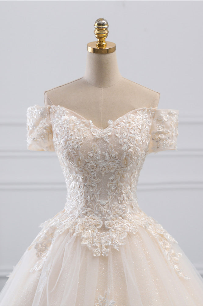 Affordable Off-the-Shoulder White Tulle Lace Wedding Dress Sweetheart Appliques Bridal Gowns On Sale-27dress