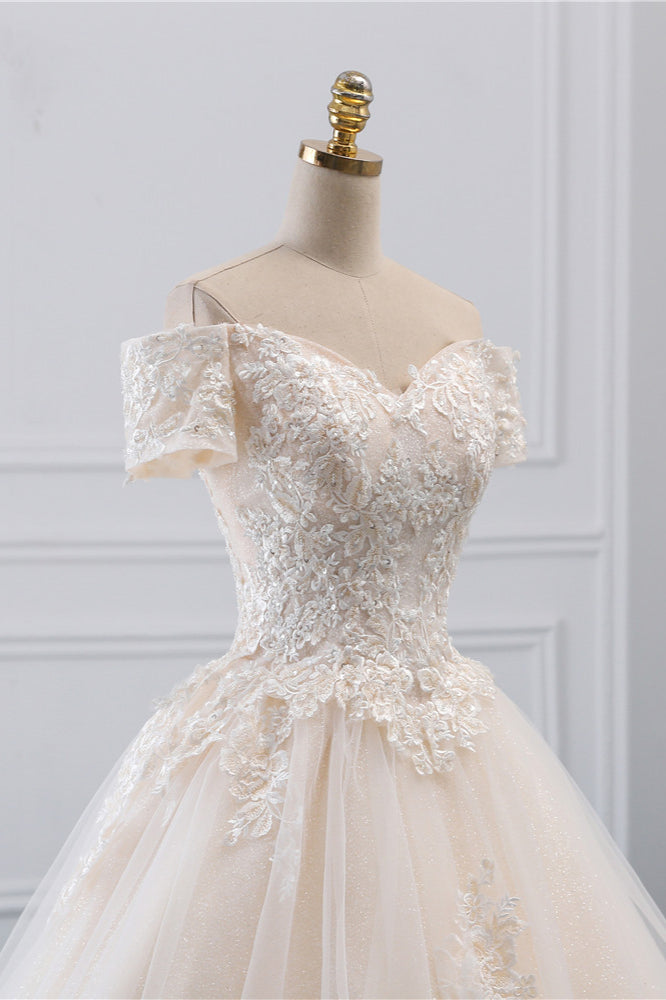 Affordable Off-the-Shoulder White Tulle Lace Wedding Dress Sweetheart Appliques Bridal Gowns On Sale-27dress