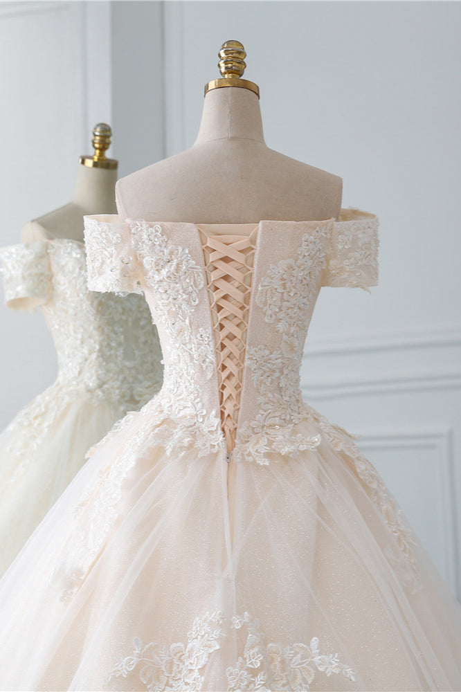 Affordable Off-the-Shoulder White Tulle Lace Wedding Dress Sweetheart Appliques Bridal Gowns On Sale-27dress