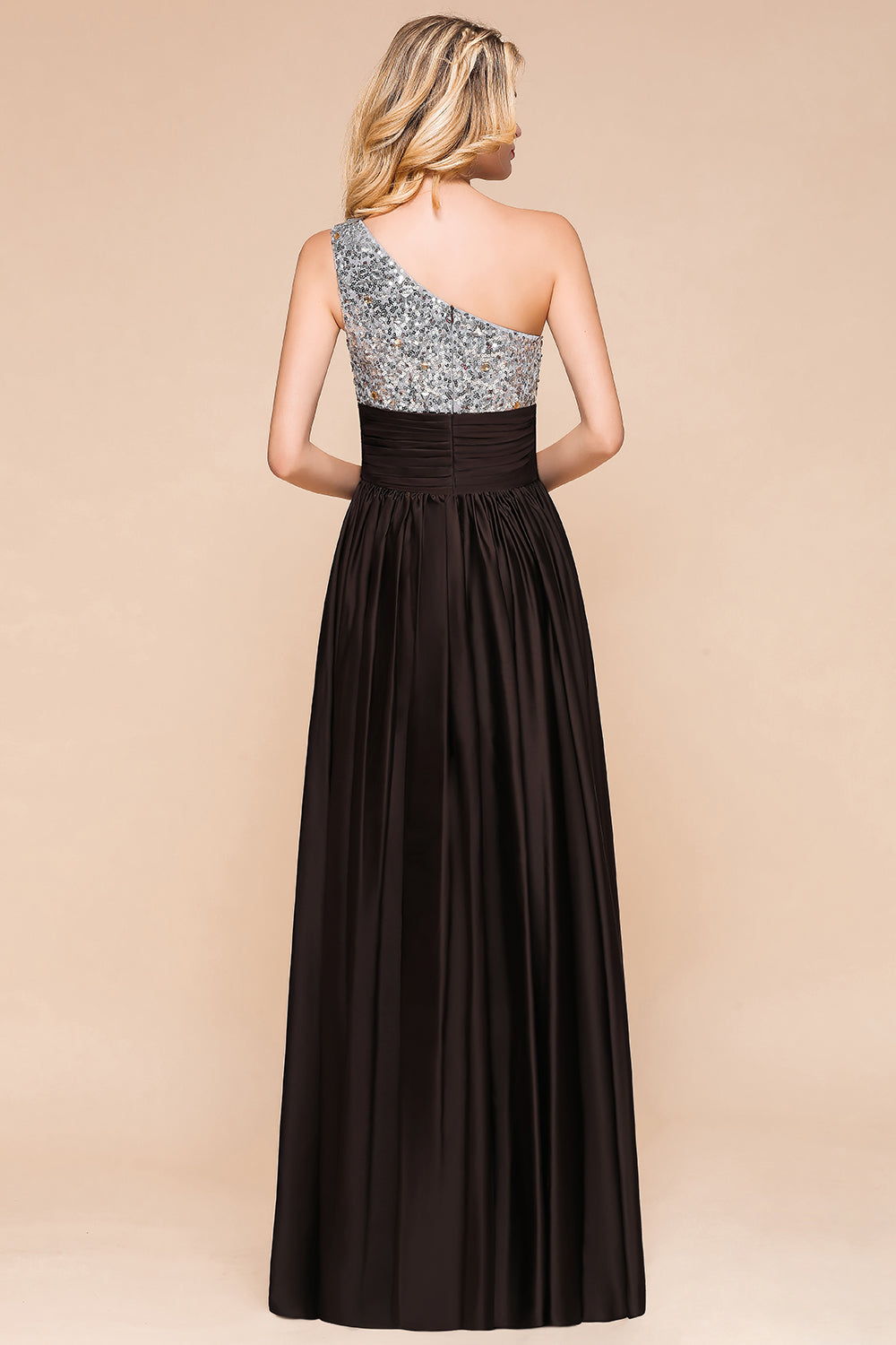 Affordable One Shoulder Sequins Long Bridesmaid Dresses with Ruffle-27dress