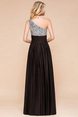 Affordable One Shoulder Sequins Long Bridesmaid Dresses with Ruffle-27dress