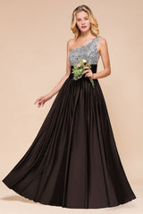 Affordable One Shoulder Sequins Long Bridesmaid Dresses with Ruffle-27dress