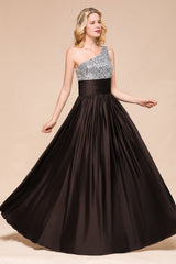 Affordable One Shoulder Sequins Long Bridesmaid Dresses with Ruffle-27dress