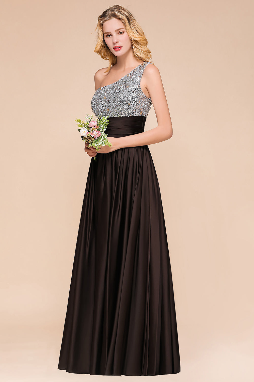 Affordable One Shoulder Sequins Long Bridesmaid Dresses with Ruffle-27dress