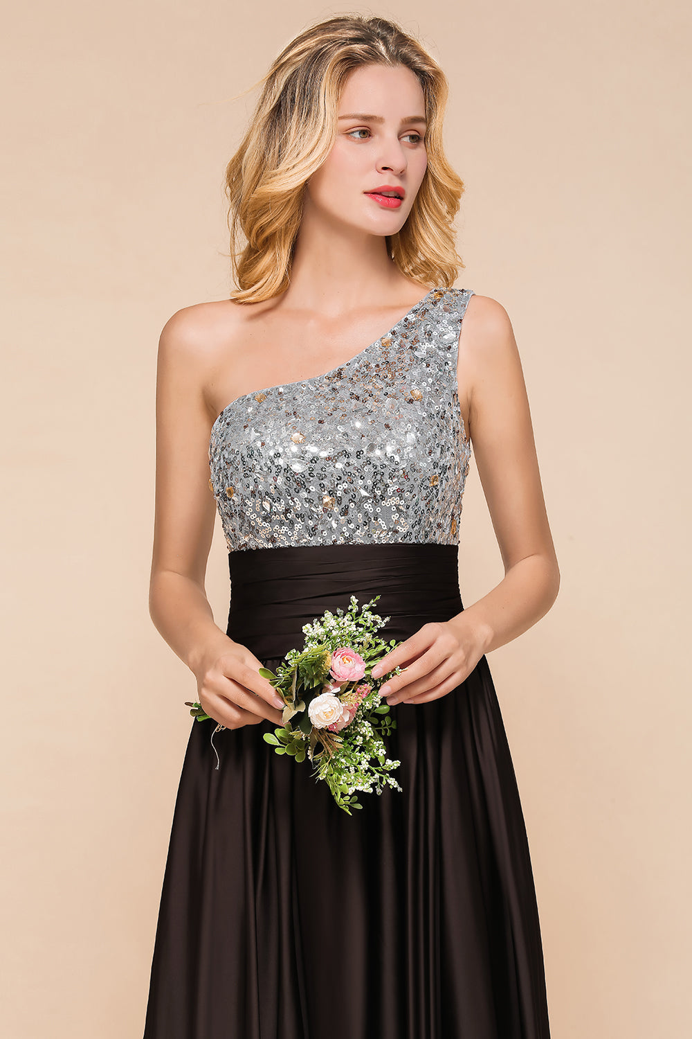 Affordable One Shoulder Sequins Long Bridesmaid Dresses with Ruffle-27dress