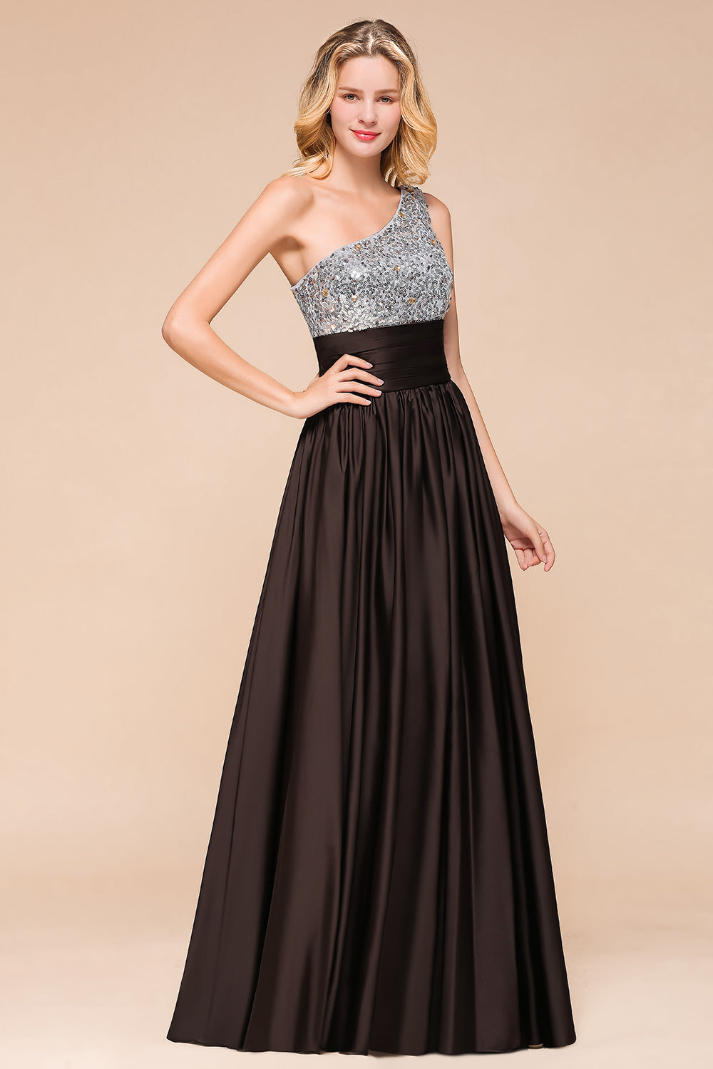 Affordable One Shoulder Sequins Long Bridesmaid Dresses with Ruffle-27dress