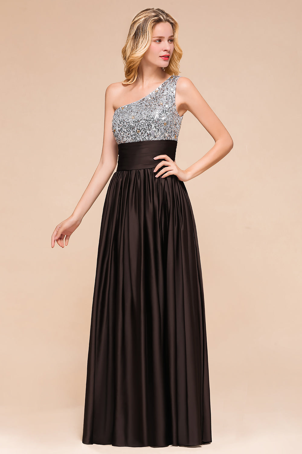 Affordable One Shoulder Sequins Long Bridesmaid Dresses with Ruffle-27dress