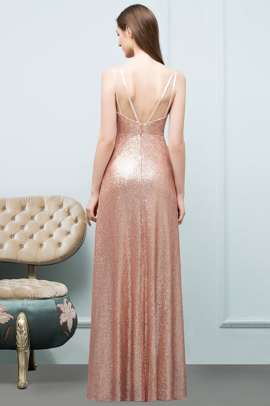 Affordable Pink Sequined Long Bridesmaid Dress With Scoop-27dress