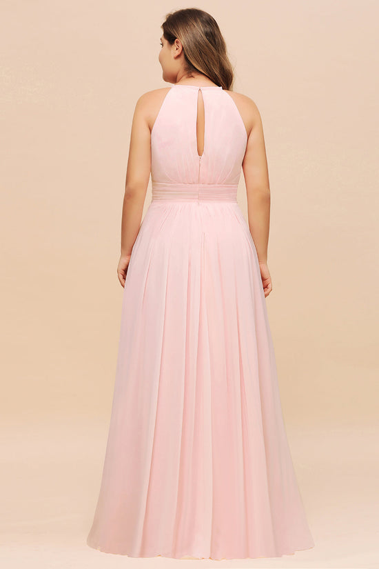 Load image into Gallery viewer, Affordable Plus Size Chiffon Round Neck Pink Bridesmaid Dress-27dress

