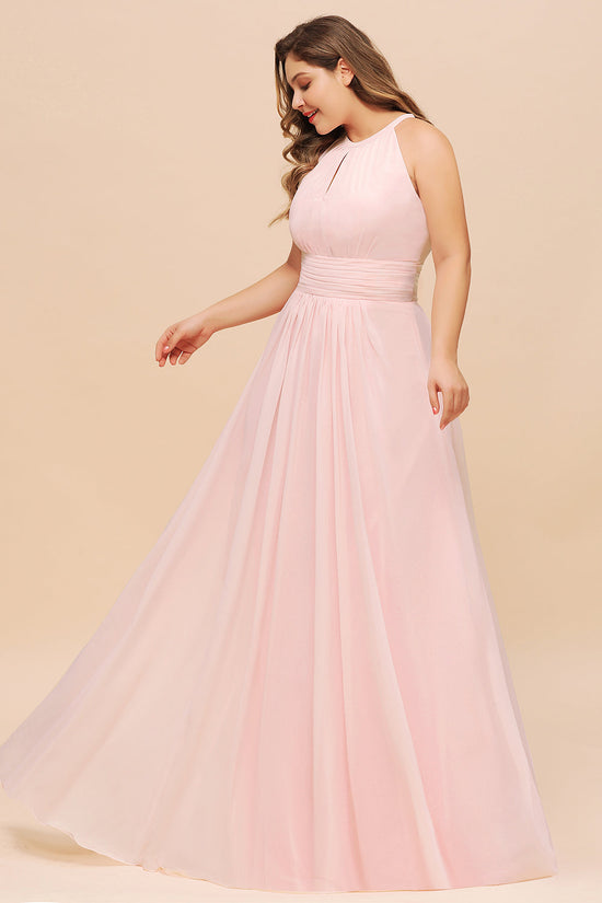 Load image into Gallery viewer, Affordable Plus Size Chiffon Round Neck Pink Bridesmaid Dress-27dress
