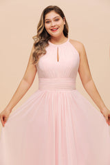 Affordable Plus Size Chiffon Round Neck Pink Bridesmaid Dress-27dress
