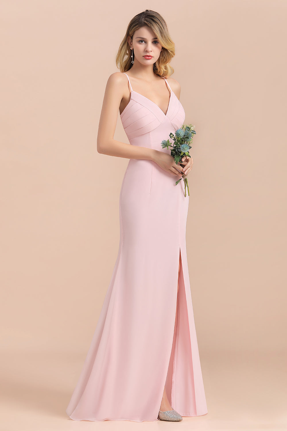 Column V-Neck Spaghetti Straps Chiffon Long Bridesmaid Dress with Spli 27dress Column V-Neck Spaghetti Straps Chiffon Long Bridesmaid Dress with Spli 27dress
