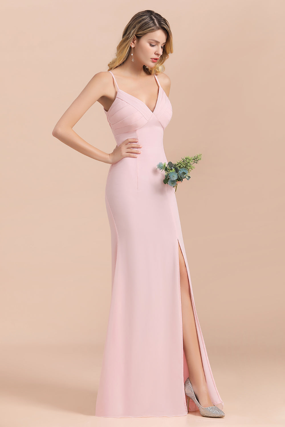 Affordable Sheath V-Neck Blushing Pink Chiffon Bridesmaid Dress with Spaghetii Straps-27dress