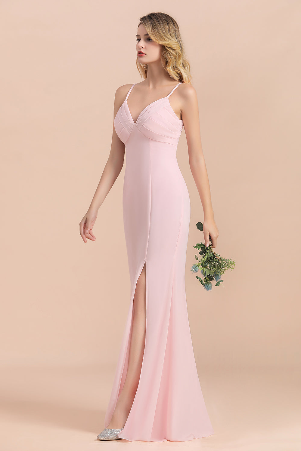 Affordable Sheath V-Neck Blushing Pink Chiffon Bridesmaid Dress with Spaghetii Straps-27dress
