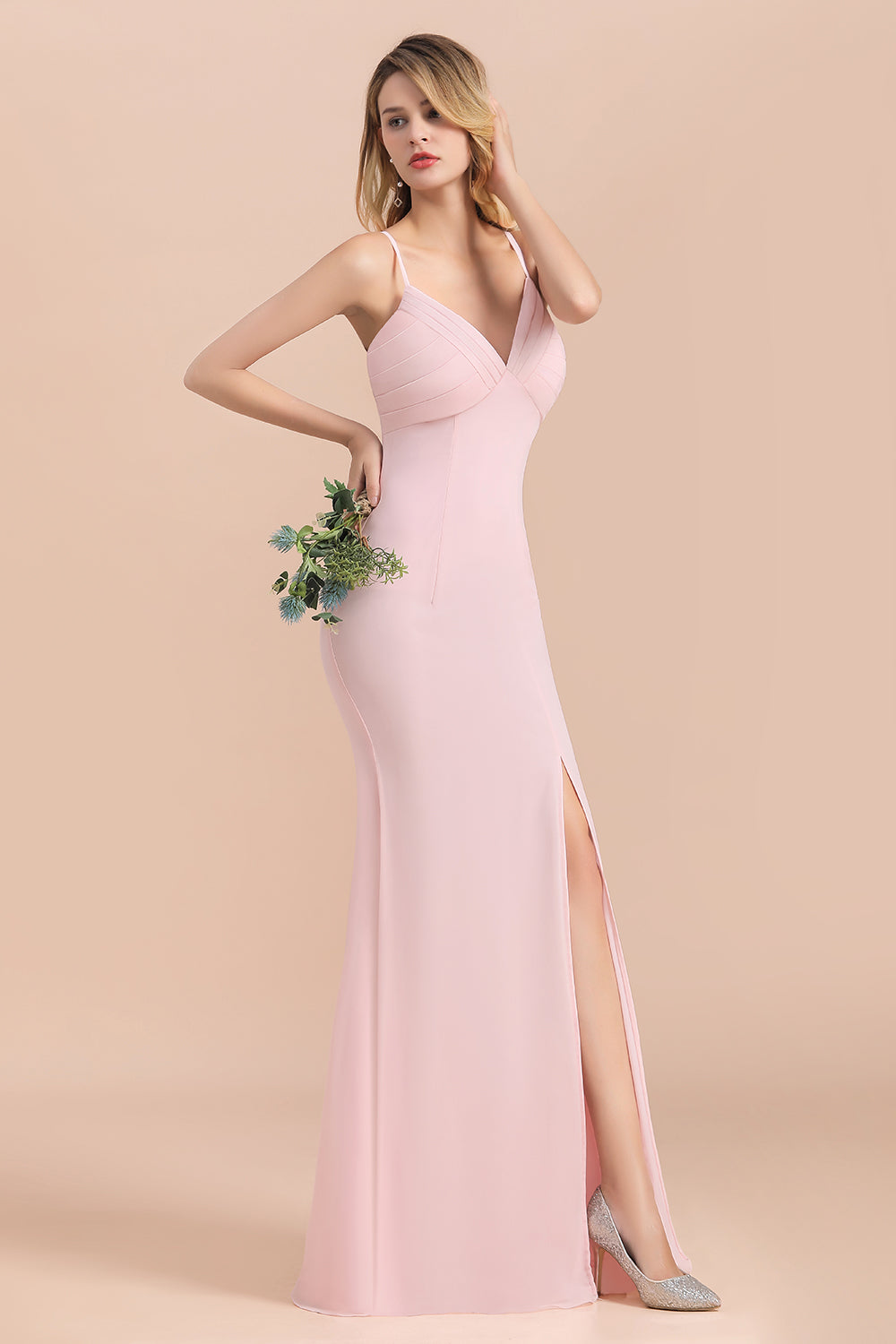 Affordable Sheath V-Neck Blushing Pink Chiffon Bridesmaid Dress with Spaghetii Straps-27dress