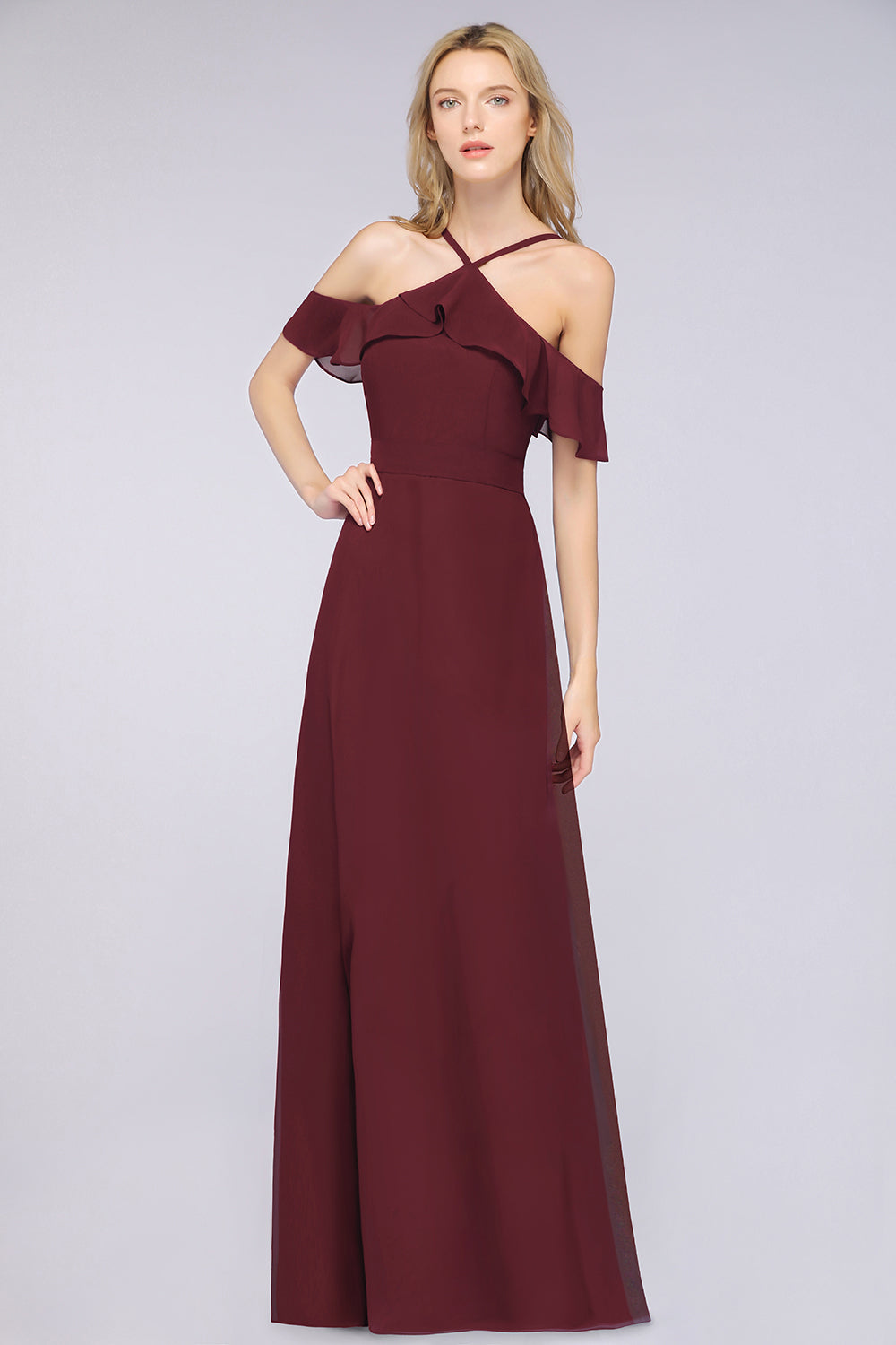 Affordable Spaghetti Straps Burgundy Long Bridesmaid Dress With Bow Sash-27dress