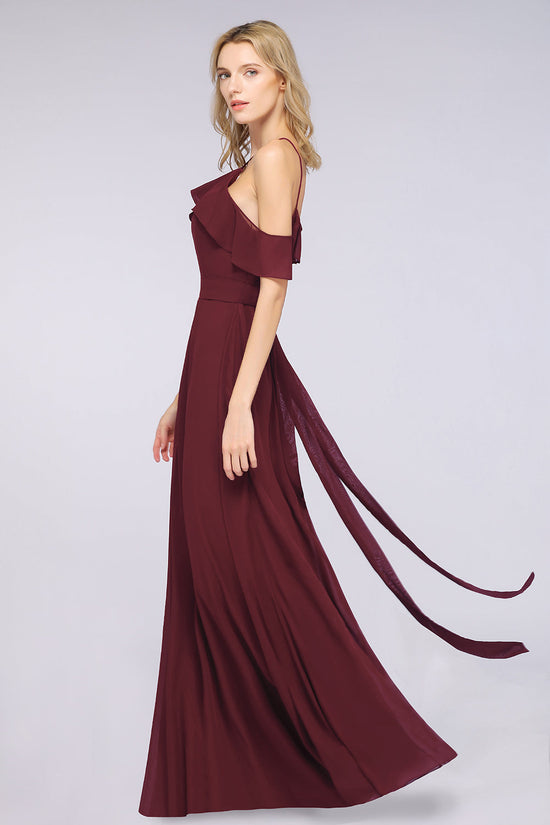 Affordable Spaghetti Straps Burgundy Long Bridesmaid Dress With Bow Sash-27dress