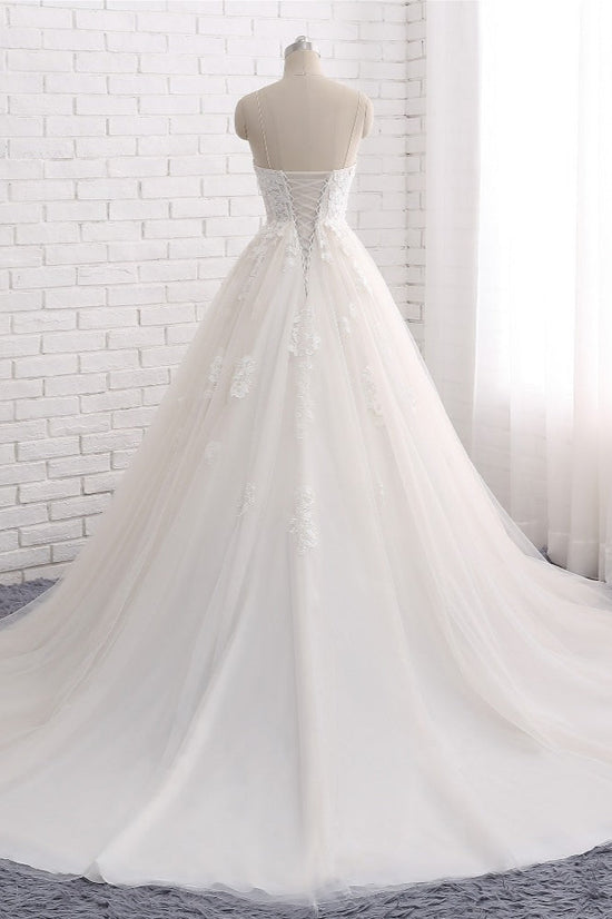 Affordable Spaghetti Straps Sleeveless Lace Wedding Dresses A-line Tulle Ruffles Bridal Gowns On Sale-27dress