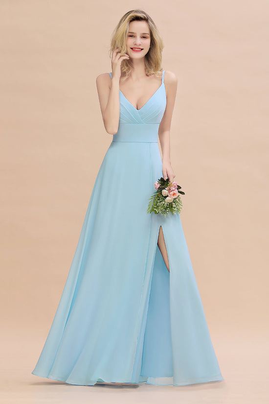 Load image into Gallery viewer, Affordable Spaghetti-Straps Slit Long Chiffon Bridesmaid Dress with Ruffle-27dress
