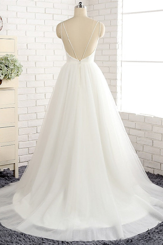 Affordable Spaghetti Straps White Wedding Dresses A-line Tulle Ruffles Bridal Gowns On Sale-27dress