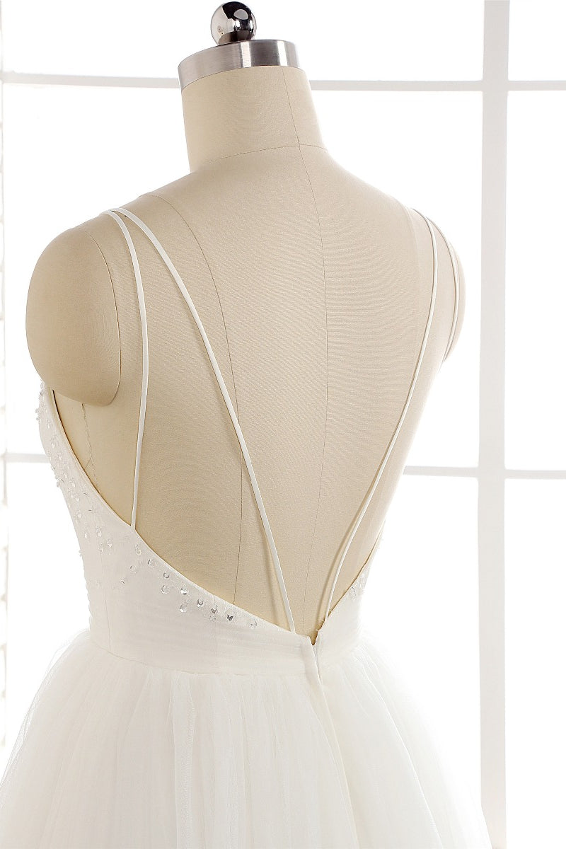 Affordable Spaghetti Straps White Wedding Dresses A-line Tulle Ruffles Bridal Gowns On Sale-27dress