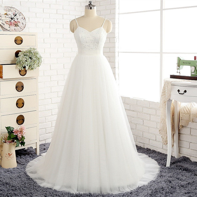 Affordable Spaghetti Straps White Wedding Dresses A-line Tulle Ruffles Bridal Gowns On Sale-27dress