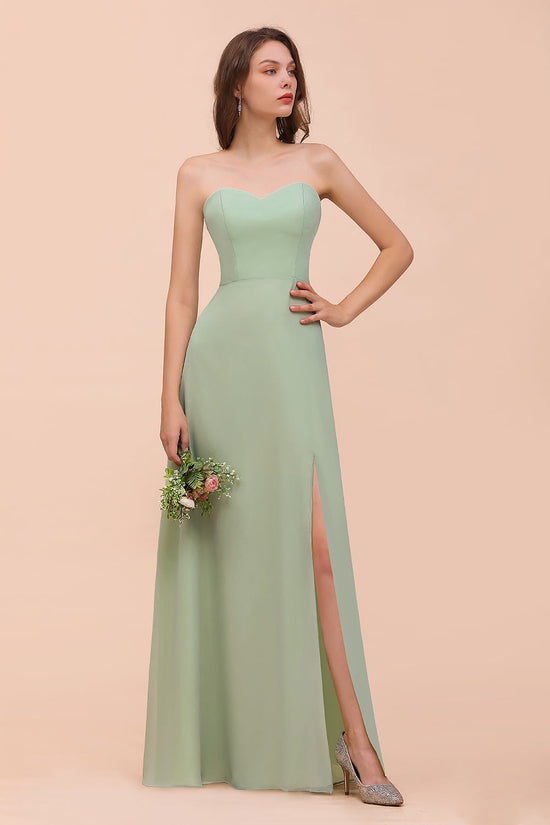 Affordable Strapless Front Slit Long Dusty Sage Bridesmaid Dress-27dress
