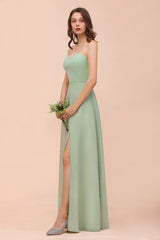 Affordable Strapless Front Slit Long Dusty Sage Bridesmaid Dress-27dress