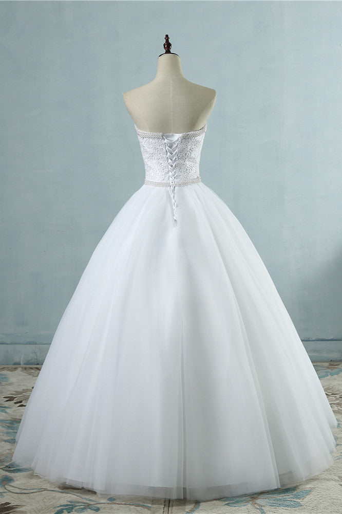 Affordable Strapless Tulle Lace Wedding Dresses Sweetheart Sleeveless Bridal Gowns with Pearls Online-27dress