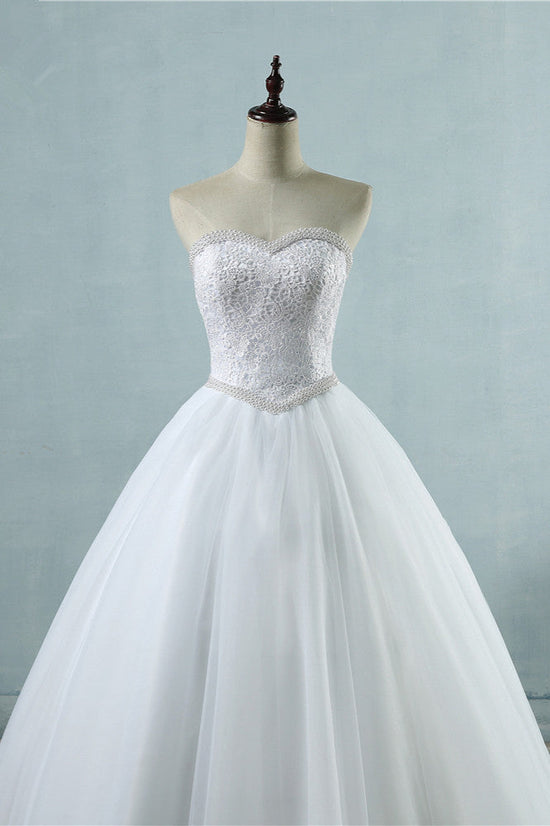 Affordable Strapless Tulle Lace Wedding Dresses Sweetheart Sleeveless Bridal Gowns with Pearls Online-27dress
