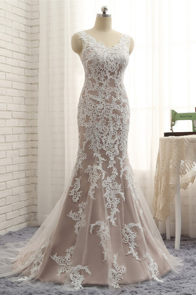 Affordable Straps V-Neck Tulle Appliques Wedding Dress Sleeveless Lace Bridal Gowns On Sale-27dress