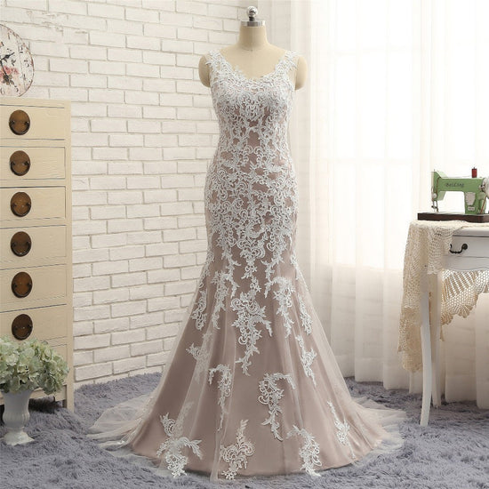 Affordable Straps V-Neck Tulle Appliques Wedding Dress Sleeveless Lace Bridal Gowns On Sale-27dress