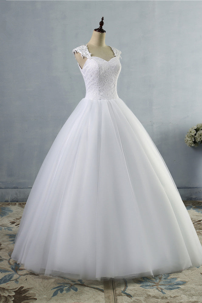 Affordable Sweetheart Tulle Lace Wedding Dresses Cap-Sleeves Appliques Bridal Gowns Online-27dress