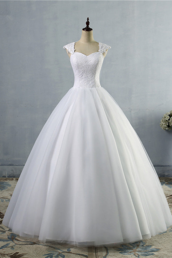 Affordable Sweetheart Tulle Lace Wedding Dresses Cap-Sleeves Appliques Bridal Gowns Online-27dress