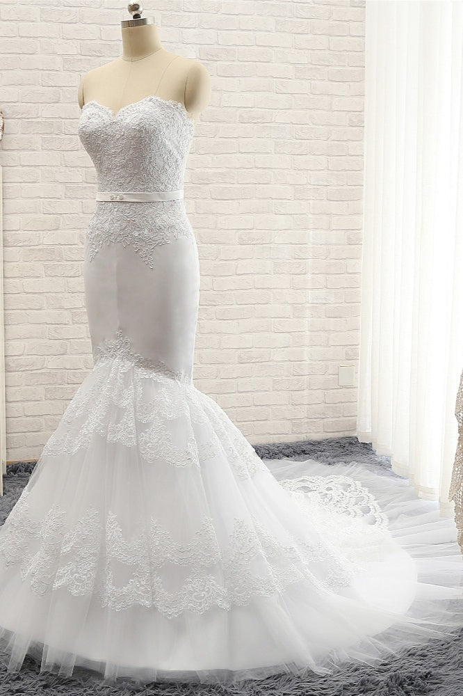 Affordable Sweetheart White Lace Wedding Dresses Tulle Satin Bridal Gowns With Appliques On Sale-27dress