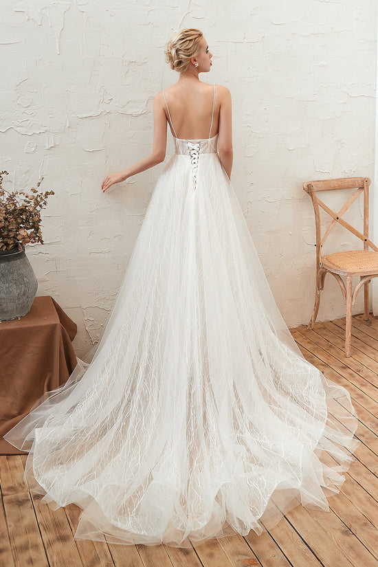 Load image into Gallery viewer, Affordable Tulle V-Neck Long Wedding Dress Online with Appliques-27dress
