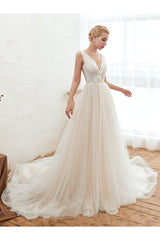 Affordable Tulle V-Neck Ruffle Long Wedding Dress with Appliques-27dress