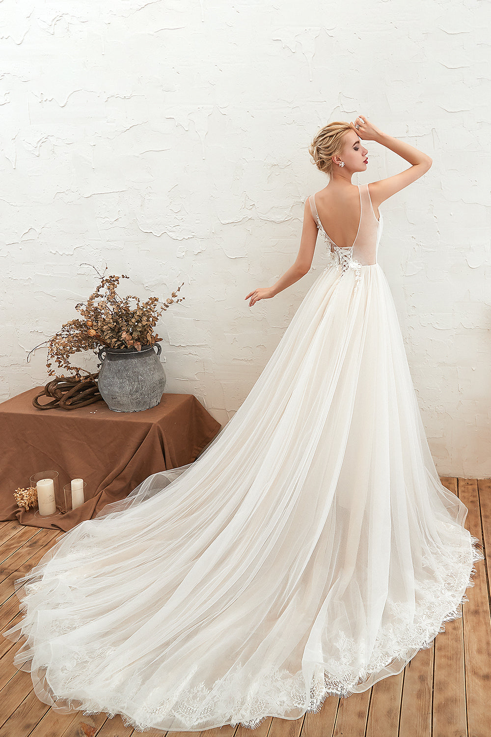 Affordable Tulle V-Neck Ruffle Long Wedding Dress with Appliques-27dress