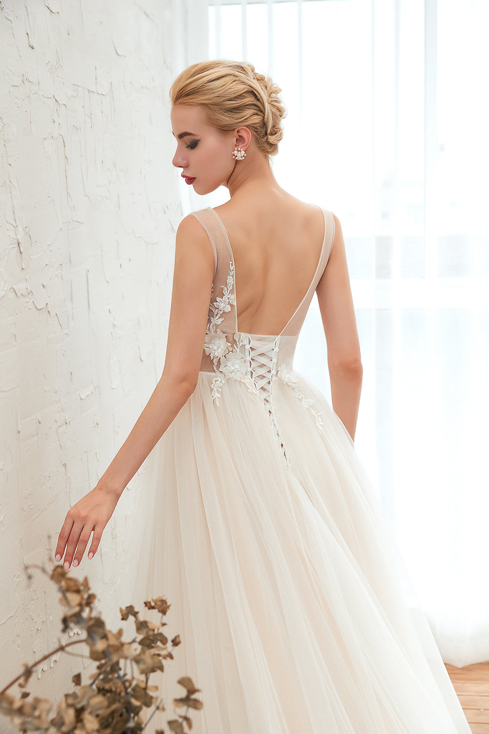 Affordable Tulle V-Neck Ruffle Long Wedding Dress with Appliques-27dress