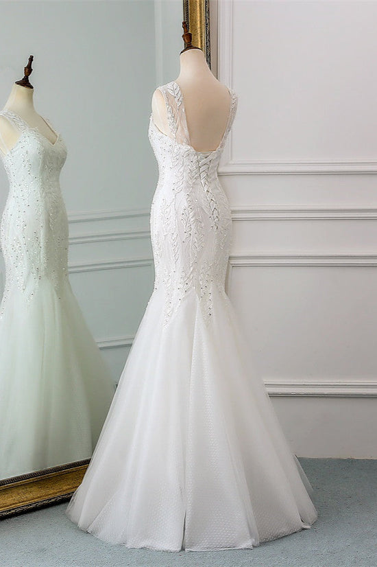 Affordable V-Neck Appliques Mermaid Wedding Dresses with Beadings Online-27dress