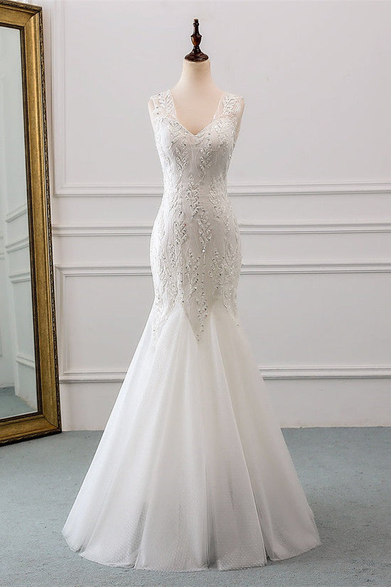 Affordable V-Neck Appliques Mermaid Wedding Dresses with Beadings Online-27dress