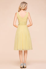 Affordable V-Neck Daffodil Chiffon Short Bridesmaid Dress with Ruffle-27dress